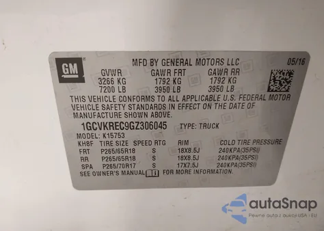 2016 Chevrolet Silverado 1500 2Lt z USA, uszkodzony, nr VIN 1GCVKREC9GZ306045